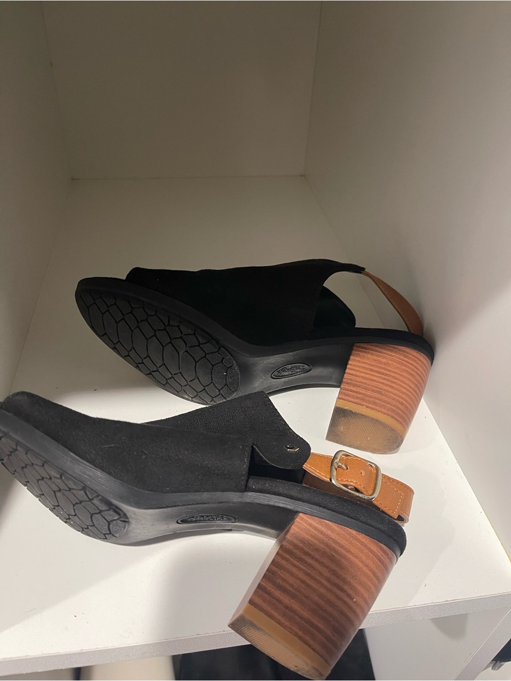 Black Suede Open-Toe Block Heel Sandals with Tan Slingback - Picture 5 of 6